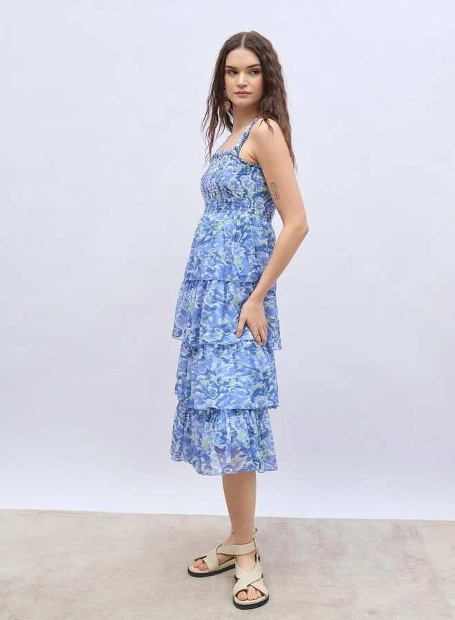 Styli Styli Abstract Print Smocked Tiered Midi Dress