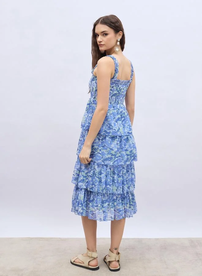 Styli Styli Abstract Print Smocked Tiered Midi Dress