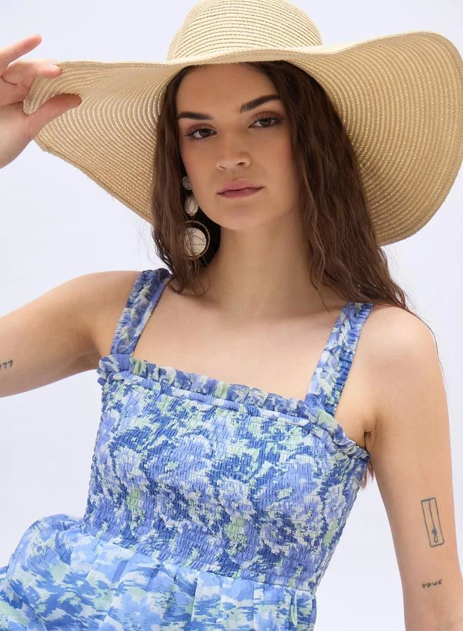 Styli Styli Abstract Print Smocked Tiered Midi Dress