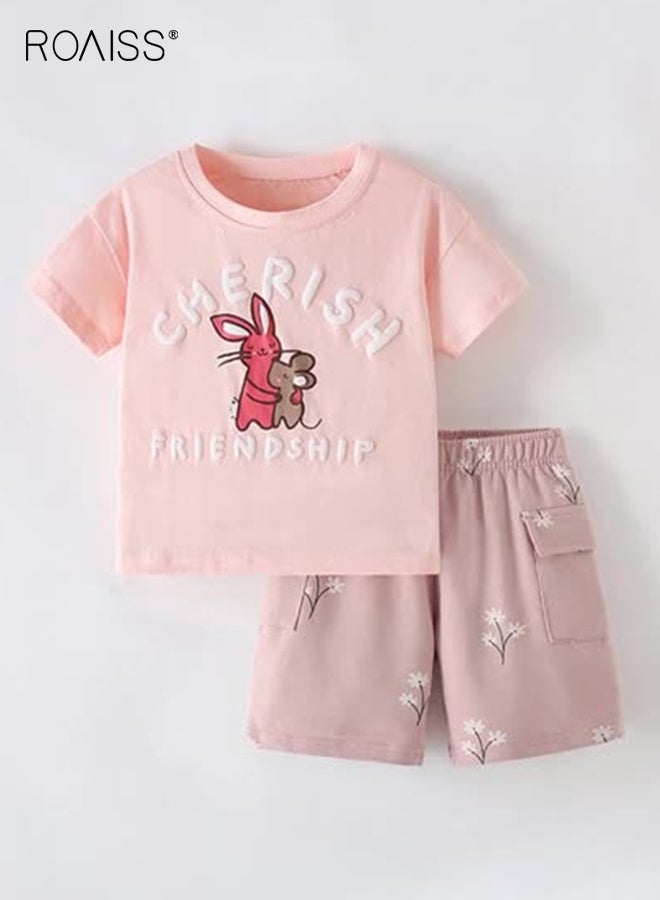 roaiss Girls T-shirt and Shorts Set, Summer Outfit with Adorable Deisgn, 2 Piece Casual Clothing Set with Short Sleeve Top and Floral Short Pants, Suitable for Vacation, Travel, Beach, Running and Daily Wear - Image 2
