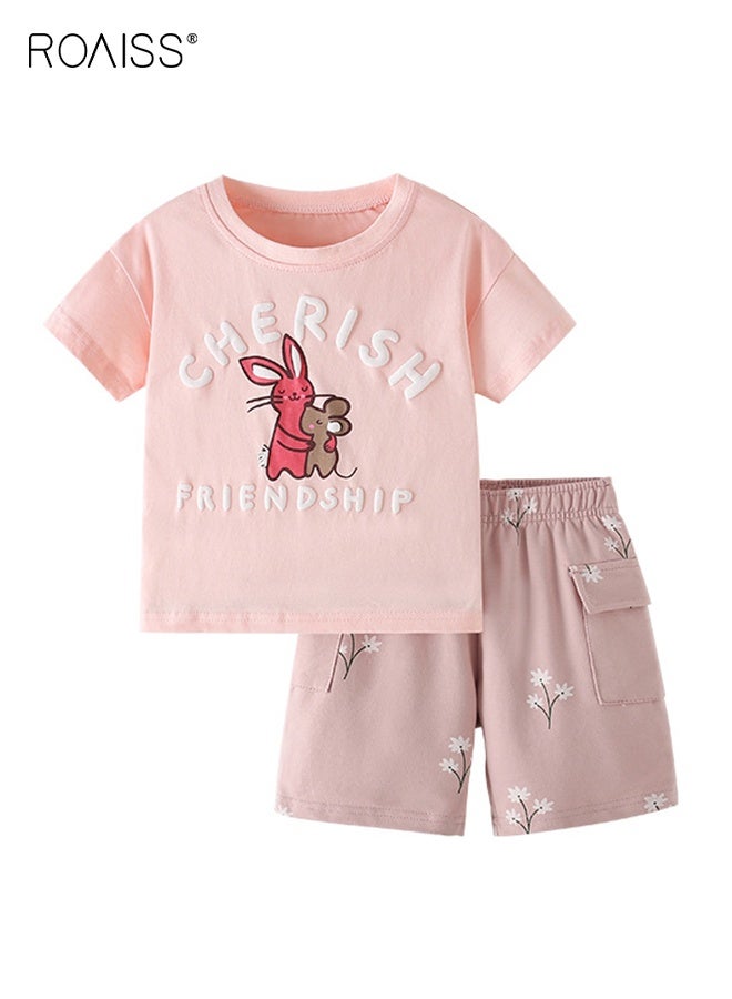 roaiss Girls T-shirt and Shorts Set, Summer Outfit with Adorable Deisgn, 2 Piece Casual Clothing Set with Short Sleeve Top and Floral Short Pants, Suitable for Vacation, Travel, Beach, Running and Daily Wear - Image 1