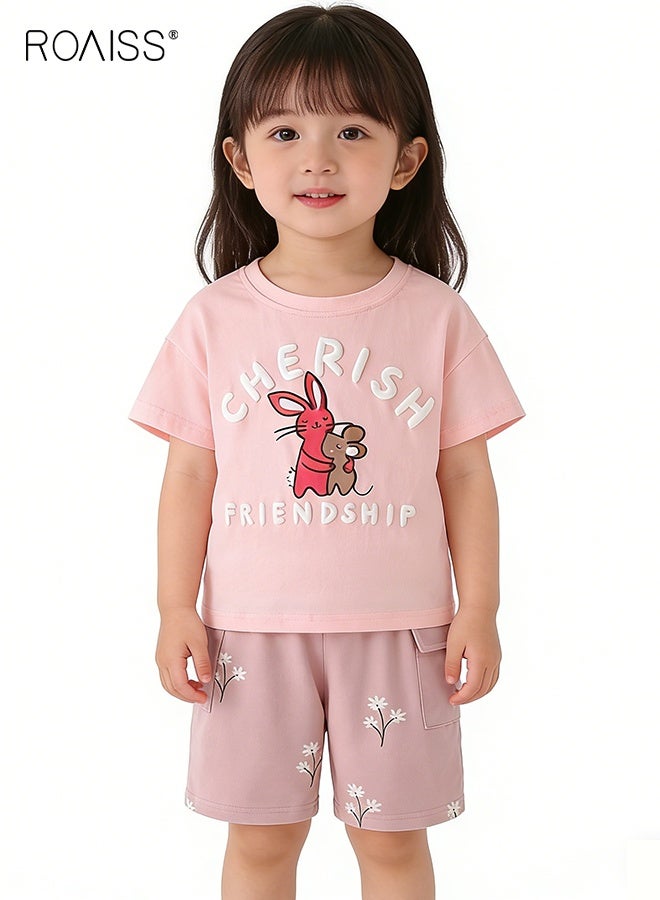 roaiss Girls T-shirt and Shorts Set, Summer Outfit with Adorable Deisgn, 2 Piece Casual Clothing Set with Short Sleeve Top and Floral Short Pants, Suitable for Vacation, Travel, Beach, Running and Daily Wear - Image 1