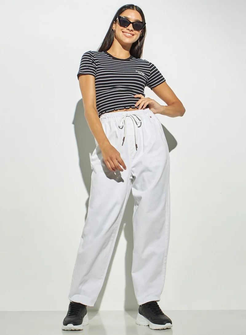 Lee Cooper Lee Cooper Striped Crop T-shirt with Crew Neck and Short Sleeves