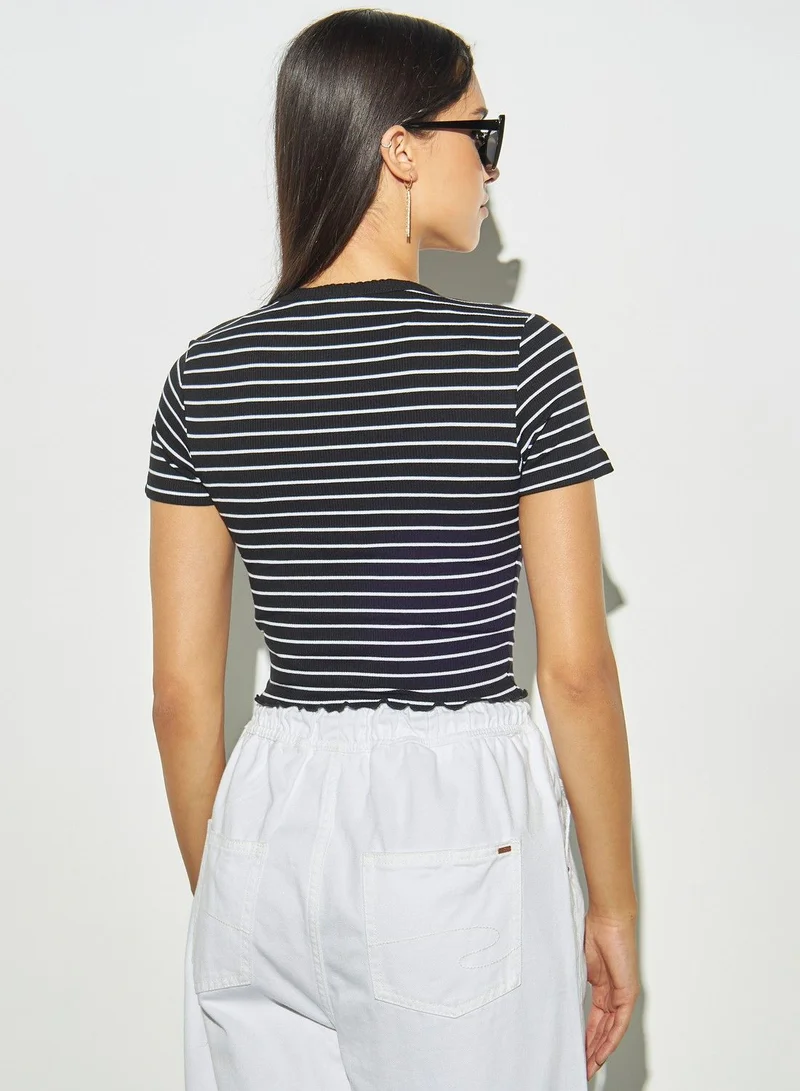 Lee Cooper Lee Cooper Striped Crop T-shirt with Crew Neck and Short Sleeves