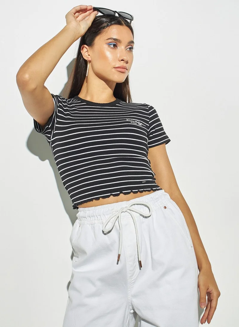 Lee Cooper Lee Cooper Striped Crop T-shirt with Crew Neck and Short Sleeves