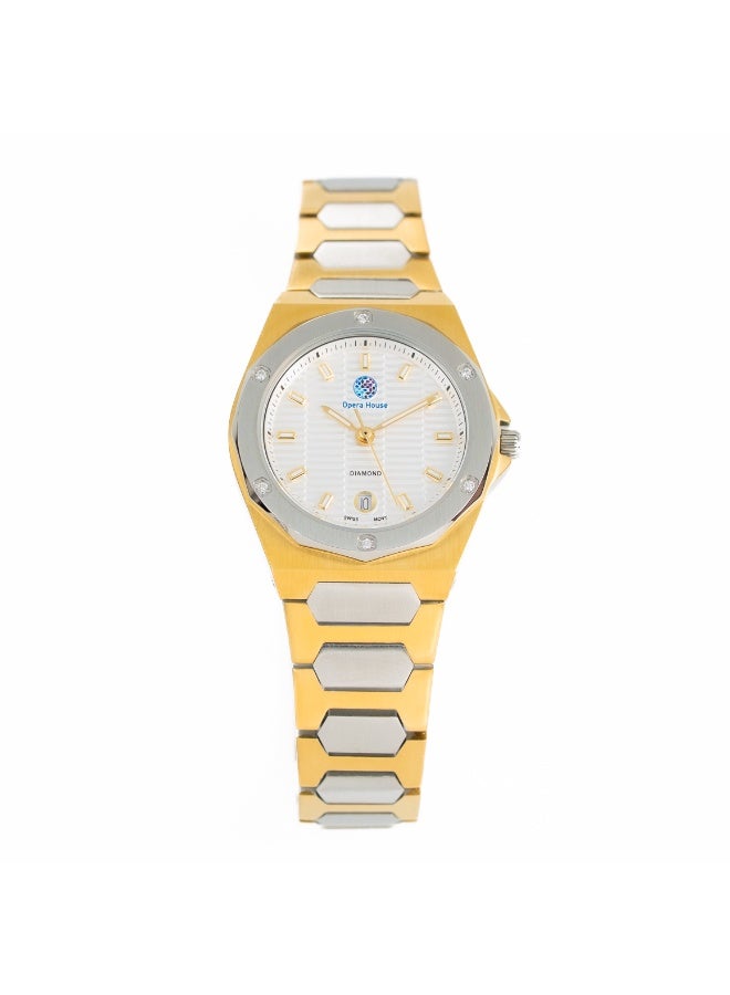Opera House Luxury 6 Real Diamond Stones (1.2–1.25mm SI2 GH) Analog Quartz Watch with , 41mm TTG Two-Tone Gold Stainless Steel 304 Case, 3ATM Water Resistant, Two-Tone Steel Bracelet with Butterfly Clasp - Image 1