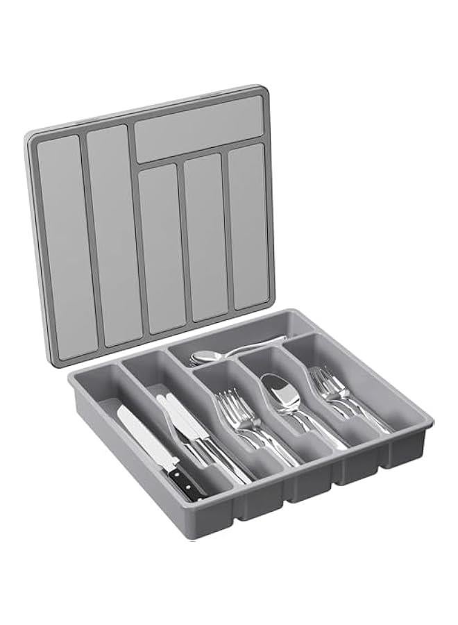 HOOKOR Durku Silverware Organizer with Lid, Covered Utensil Tray for Kitchen Drawer and Countertop, Plastic Cutlery and Flatware Storage Box for Spoons Forks Knives Holder Case, 6 Compartments (Grey) - Image 1
