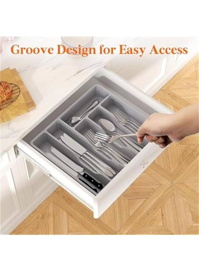 HOOKOR Durku Silverware Organizer with Lid, Covered Utensil Tray for Kitchen Drawer and Countertop, Plastic Cutlery and Flatware Storage Box for Spoons Forks Knives Holder Case, 6 Compartments (Grey) - Image 3