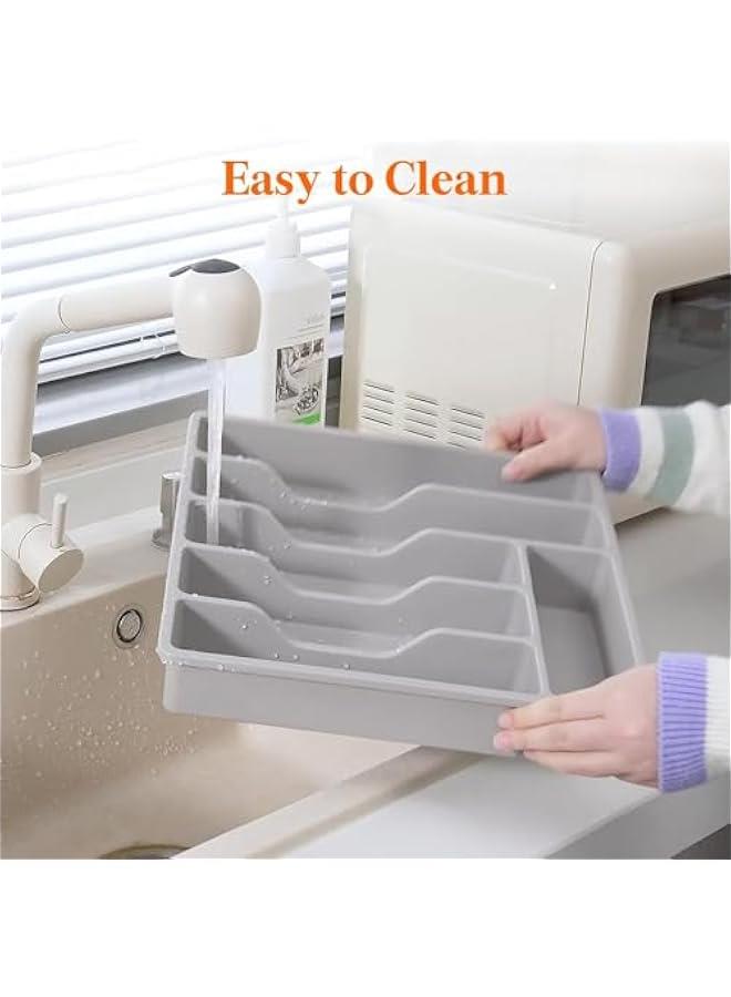 HOOKOR Durku Silverware Organizer with Lid, Covered Utensil Tray for Kitchen Drawer and Countertop, Plastic Cutlery and Flatware Storage Box for Spoons Forks Knives Holder Case, 6 Compartments (Grey) - Image 4