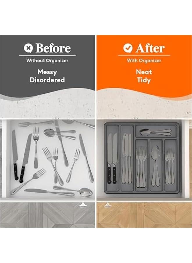 HOOKOR Durku Silverware Organizer with Lid, Covered Utensil Tray for Kitchen Drawer and Countertop, Plastic Cutlery and Flatware Storage Box for Spoons Forks Knives Holder Case, 6 Compartments (Grey) - Image 5