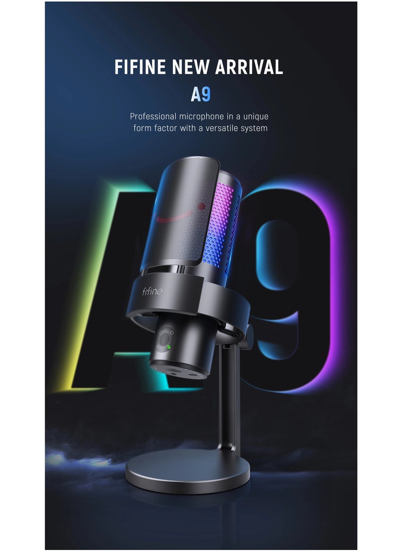 A9 AMPLIGAME RGB Omnidirectional Condenser Microphone with Built-In Volume Controls and Pick Up Pattern Switch for Voice Recording, Streaming, and Broadcast