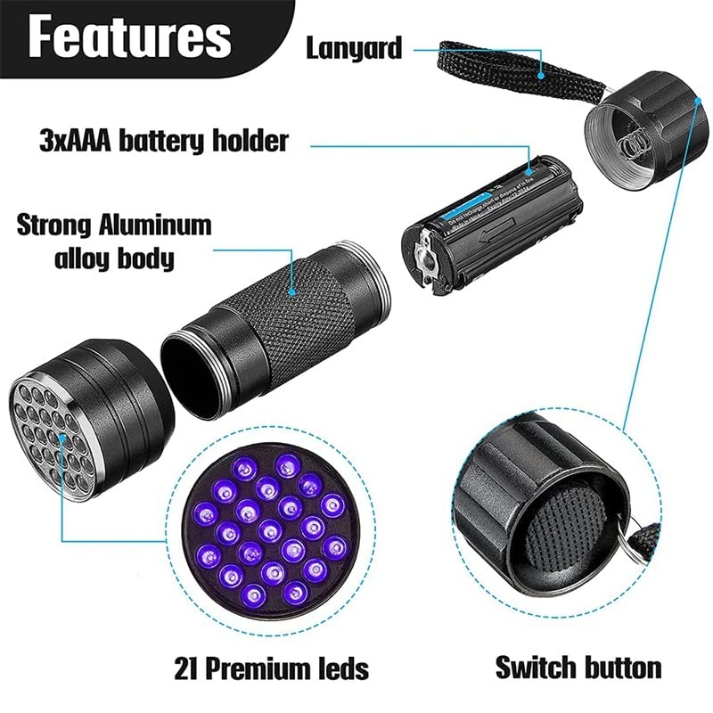 NEXT GEEK 395400nm 21 مصباح LED UV ضوء كشاف مقاوم للماء مع بطارية 3xAAA معدني - Image 3