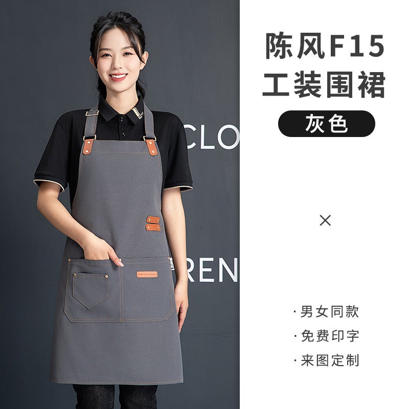 Canvas Apron Printing Embroidered logo Printing Supermarket Milk Tea Shop Coffee Hot Dyeing Specialist Catering Special Waterproof Work Clothes Women Grey