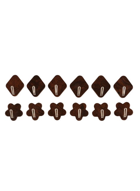 Brown Wooden Plastic self Adhesive Fancy Hooks of Two Shapes Set of 12 Used for All Types of Surfaces