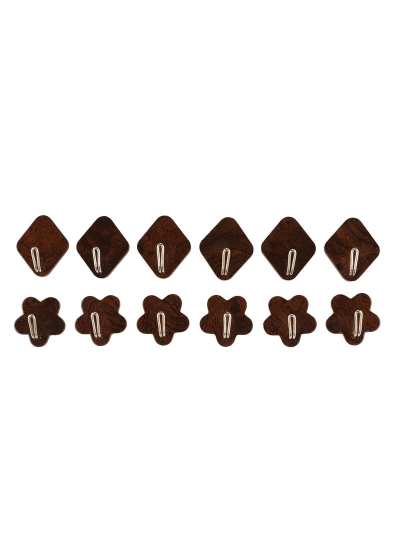 Tiamo Brown Wooden Plastic self Adhesive Fancy Hooks of Two Shapes Set of 12 Used for All Types of Surfaces  - Image 1