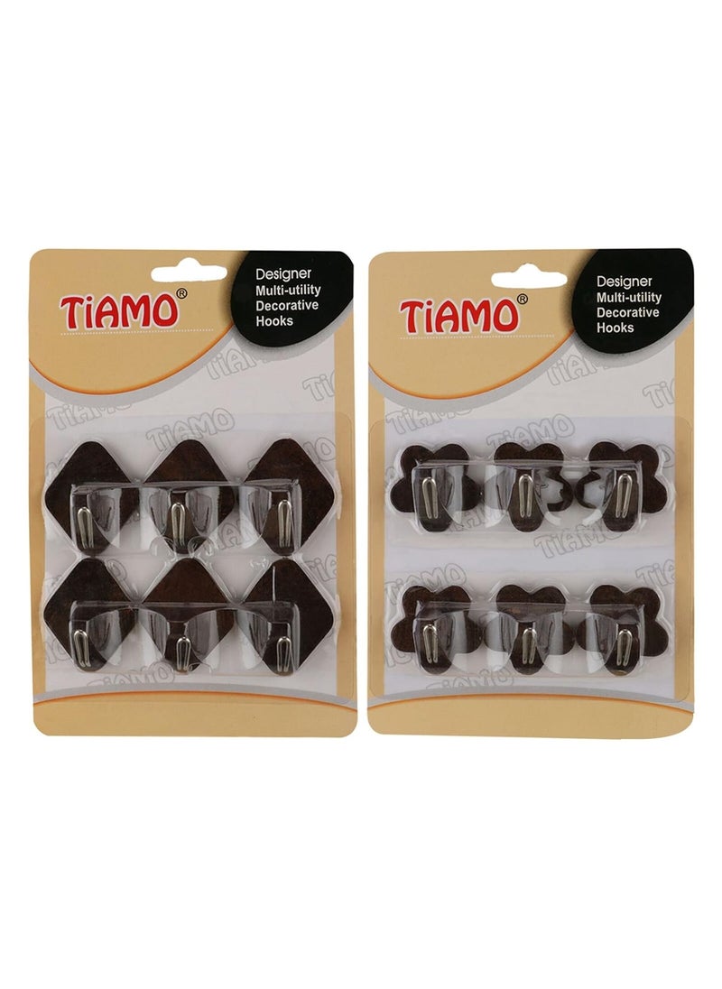 Tiamo Brown Wooden Plastic self Adhesive Fancy Hooks of Two Shapes Set of 12 Used for All Types of Surfaces  - Image 4