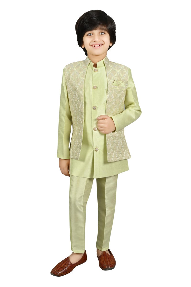AHHAAAA Kids Ethnic Silk Blend Geometric Waistcoat Kurta Pyjama Sherwani Set For Boys, 10-11 Years,Light Green - Image 1