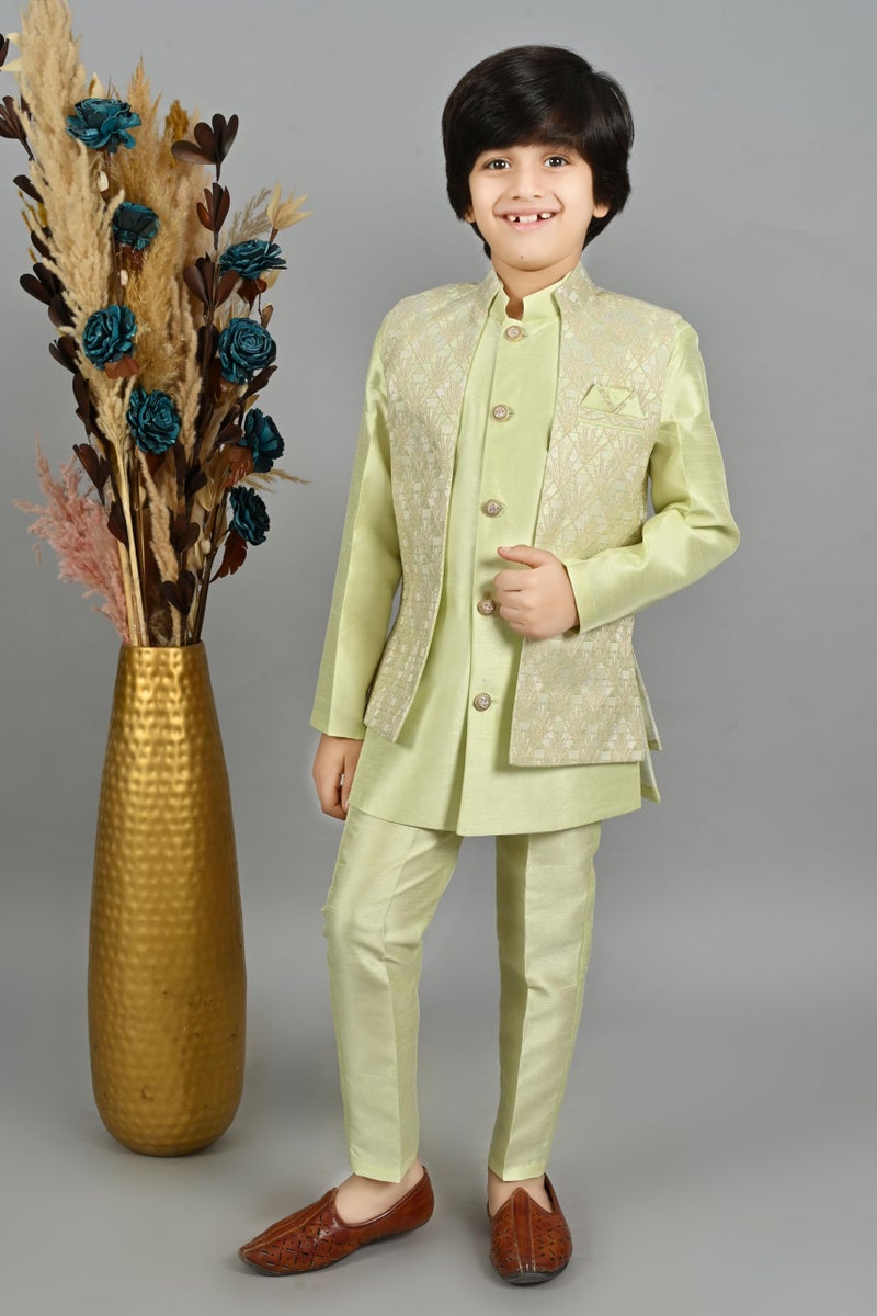 AHHAAAA Kids Ethnic Silk Blend Geometric Waistcoat Kurta Pyjama Sherwani Set For Boys, 10-11 Years,Light Green - Image 2