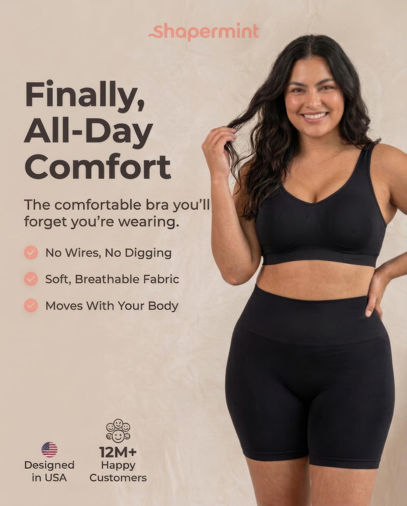 SHAPERMINT Bras for Women No Underwire - Seamless Bras for Women, Wireless Bra, Adjustable Plus Size Bra Black - Image 2