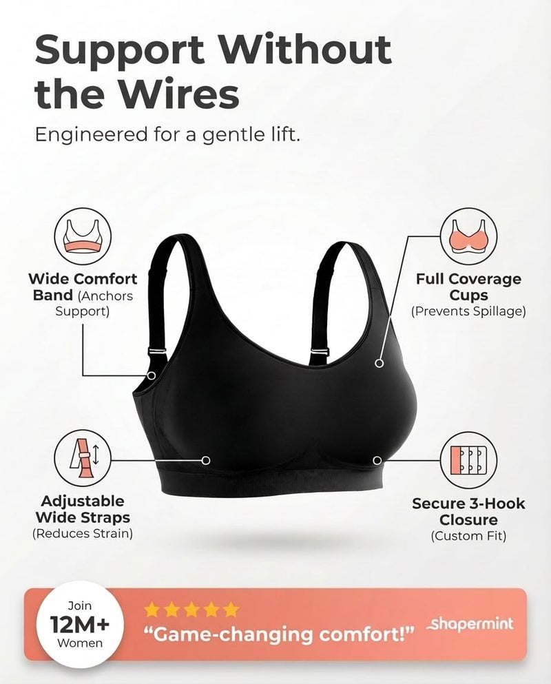 SHAPERMINT Bras for Women No Underwire - Seamless Bras for Women, Wireless Bra, Adjustable Plus Size Bra Black - Image 4