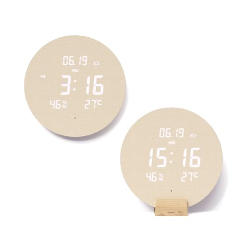 mooas Wood Moon Cordless Digital LED Wall Clock Time Week Temperature Humidity Sound SensorAuto Brightness Modern Dcorative LED Clock for Bedroom Livingroom Wireless Wall MountWooden Stand - Image 1