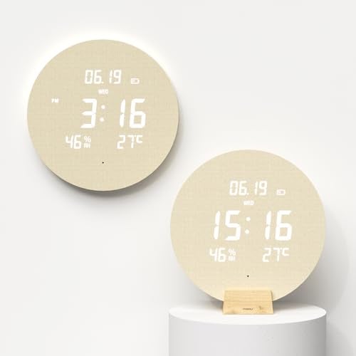 mooas Wood Moon Cordless Digital LED Wall Clock Time Week Temperature Humidity Sound SensorAuto Brightness Modern Dcorative LED Clock for Bedroom Livingroom Wireless Wall MountWooden Stand - Image 3