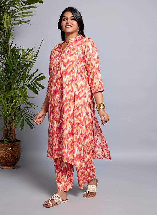Globus Plus Size Multi Chevron Print Zari Detail Kurta and Pants Workwear Set - Image 2