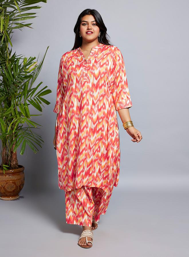 Globus Plus Size Multi Chevron Print Zari Detail Kurta and Pants Workwear Set - Image 1
