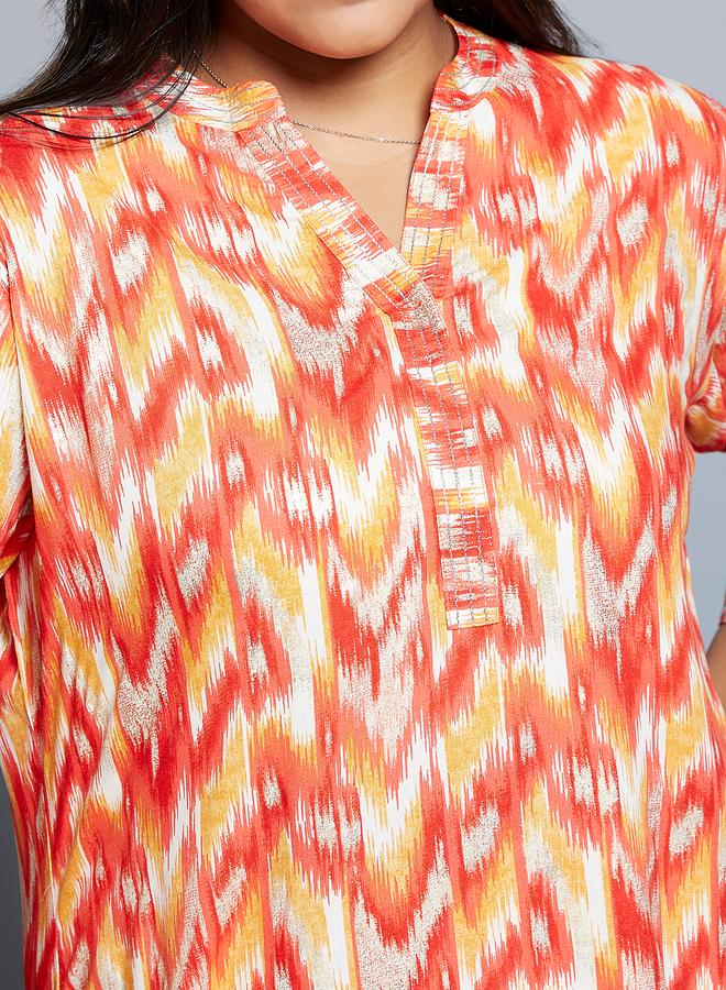 Globus Plus Size Multi Chevron Print Zari Detail Kurta and Pants Workwear Set - Image 4