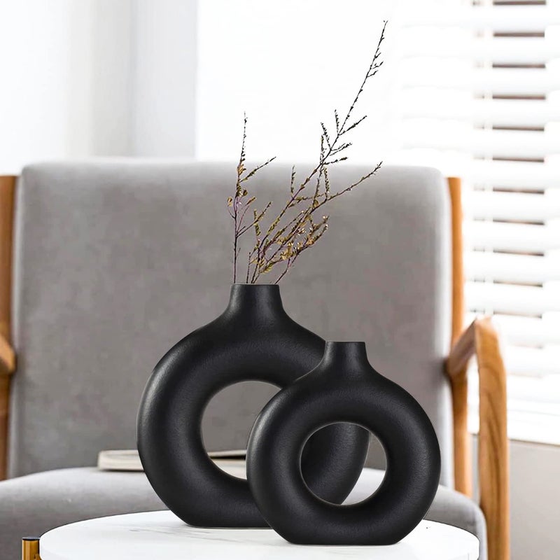 Black Ceramic Vases Set of 2 Modern Design for Home DecorBlack Style for Pampas Grass Matte Ceramic Vase for Farmhouse Living Room Kitchen Bedroom Mantle Coffee Dining Table Decoration
