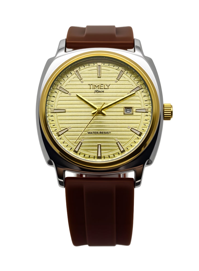 TR TIMELY RAIN Men’s Quartz Classic Wrist Watch Gold & Silver Case Coffee Silicone Strap Gold Dial - Image 1