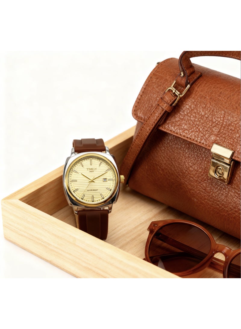 TR TIMELY RAIN Men’s Quartz Classic Wrist Watch Gold & Silver Case Coffee Silicone Strap Gold Dial - Image 4