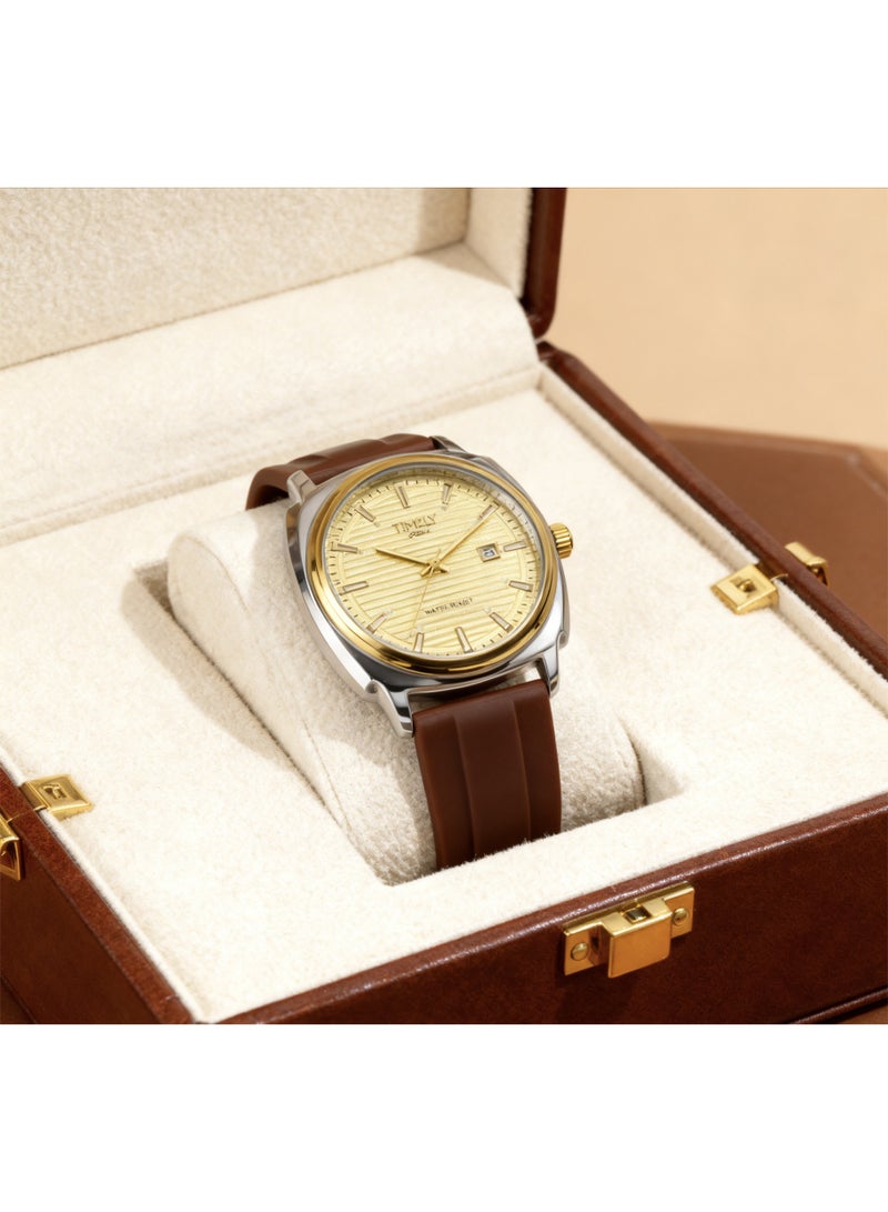 TR TIMELY RAIN Men’s Quartz Classic Wrist Watch Gold & Silver Case Coffee Silicone Strap Gold Dial - Image 3