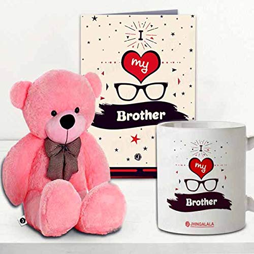 Jhingalala Jhingalala Teddy Bear with I Love My Brother Printed Mug and Greeting Card Combo Gift Pack Gift for Brother Birthday Unique Gift Birthday Gift for Brother Rakshabandhan Gifts for Brother