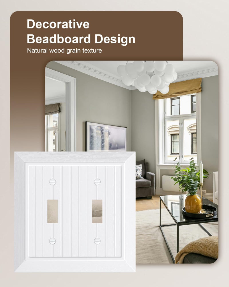 treewell 2-Pack Classic Beadboard Double Toggle Light Switch Cover Plate, Unbreakable Polycarbonate Decorative Switch Plate Covers, Pure White 2 Gang Wall Plate - Image 4