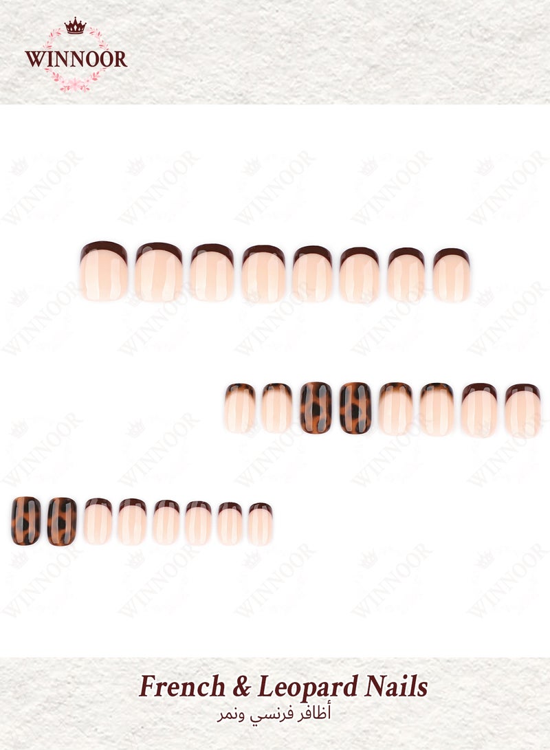 WINNOOR 24-Piece French & Leopard Print Press-On Nails for Women – Glue-Free Instant Manicure, Office & Date Night Ready - Image 3