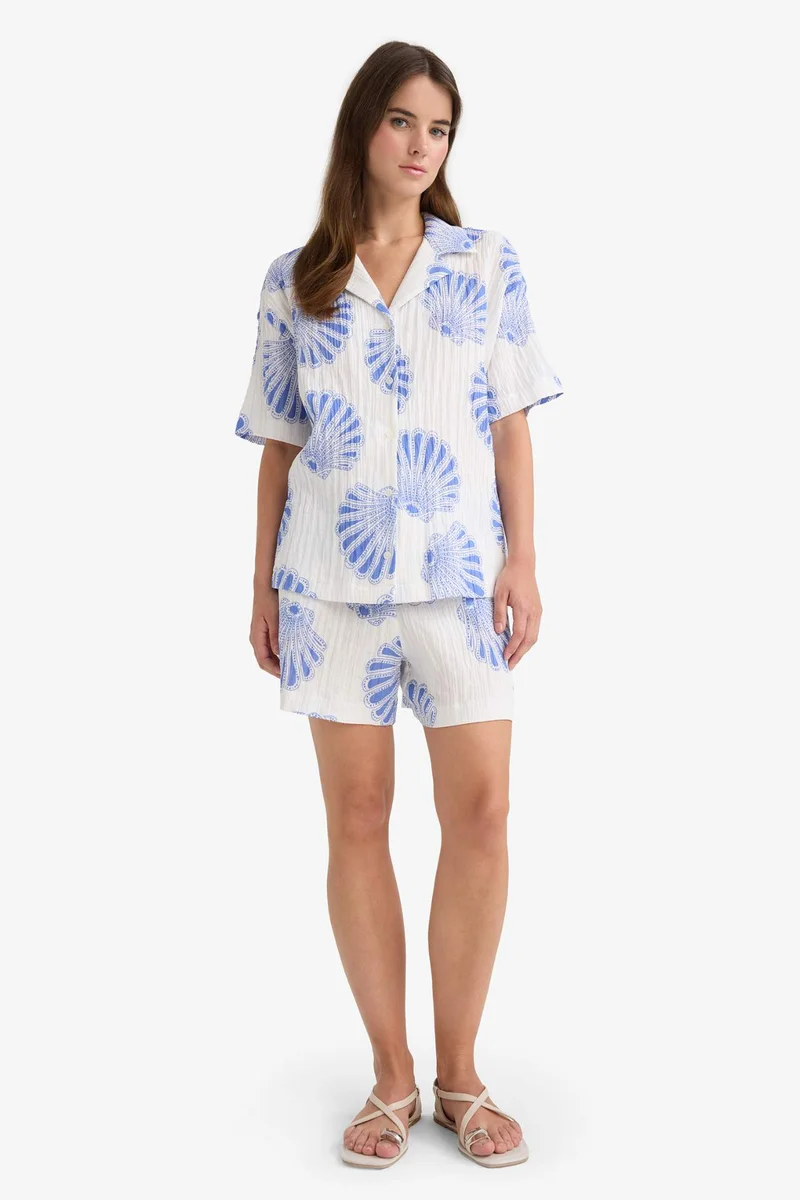 ديفاكتو Regular Fit Jacket Collar Muslin Short Sleeve Shirt