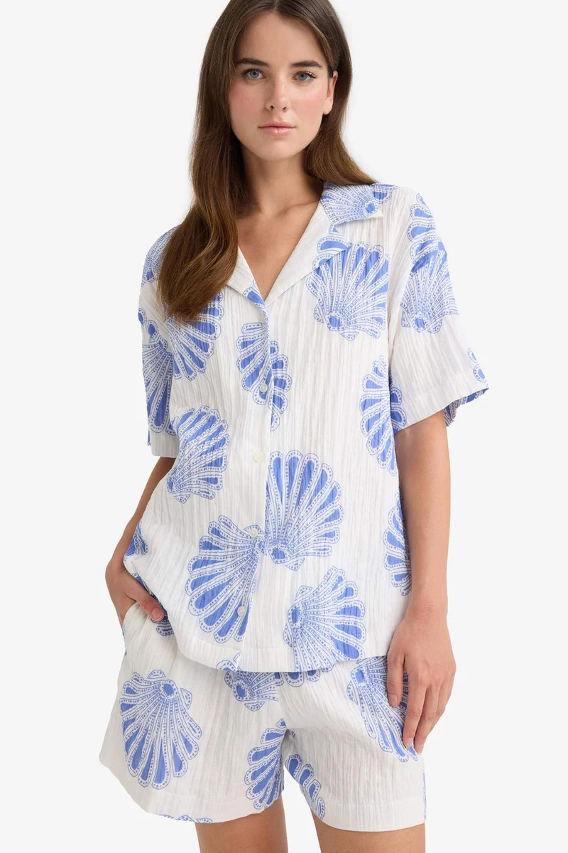 ديفاكتو Regular Fit Jacket Collar Muslin Short Sleeve Shirt