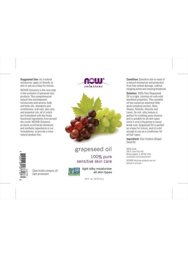 now - Solutions, Grapeseed Oil, Skin Care for Sensitive Skin, Light Silky Moisturizer for All Skin Types, 16-Ounce - Image 1