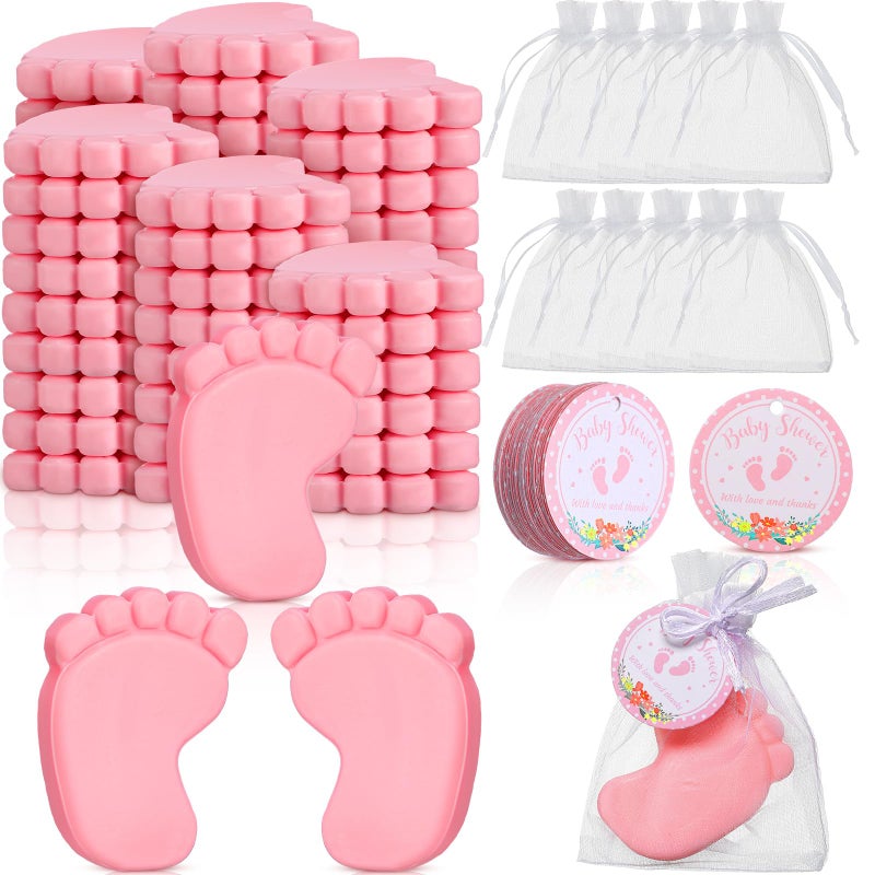 Dimsile 50 Sets Baby Shower Favors Handmade Baby Feet Scented Soap Party Favors For Guests Gifts With Organza Bags And Thanks Tags Wedding Party(Pink) - Image 1