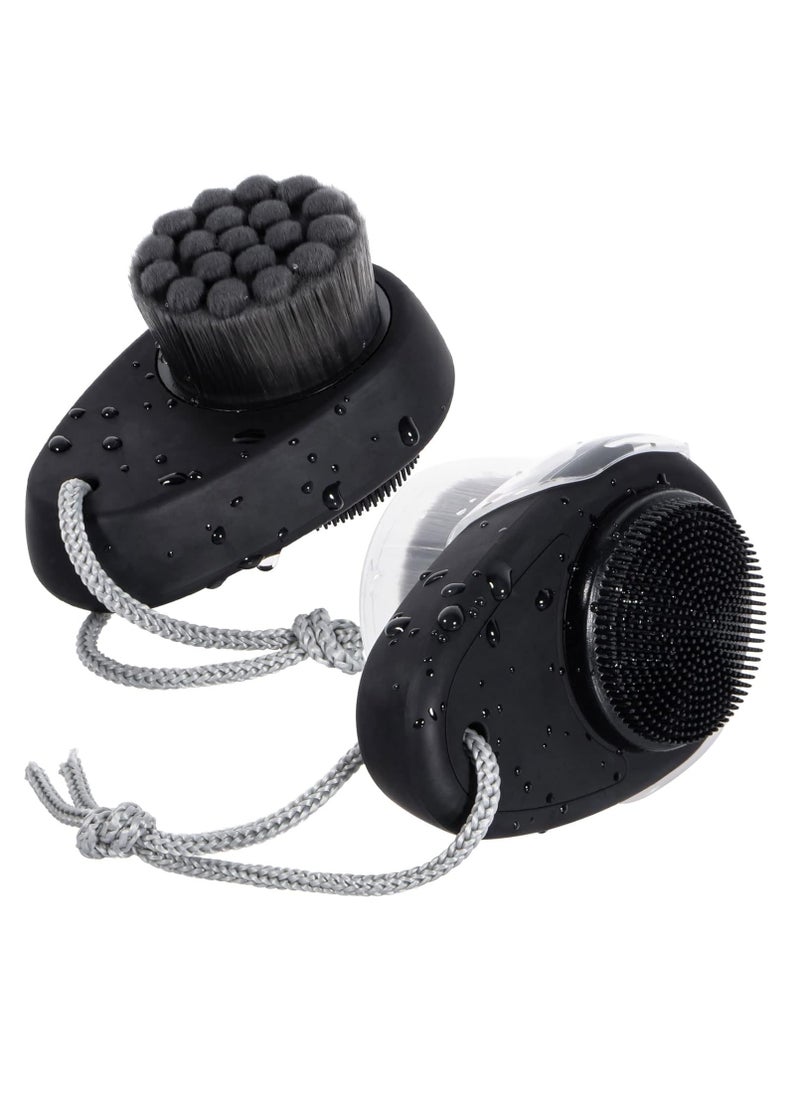 Beomeen Facial Cleansing Brush 2 Pack, 2 in 1 Silicone Face Scrubber for Men Exfoliating Pore Deep Cleansing, Dual Sided Face Wash Brush with Soft Bamboo Charcoal Microfiber and Lid for Women, Black  - Image 1