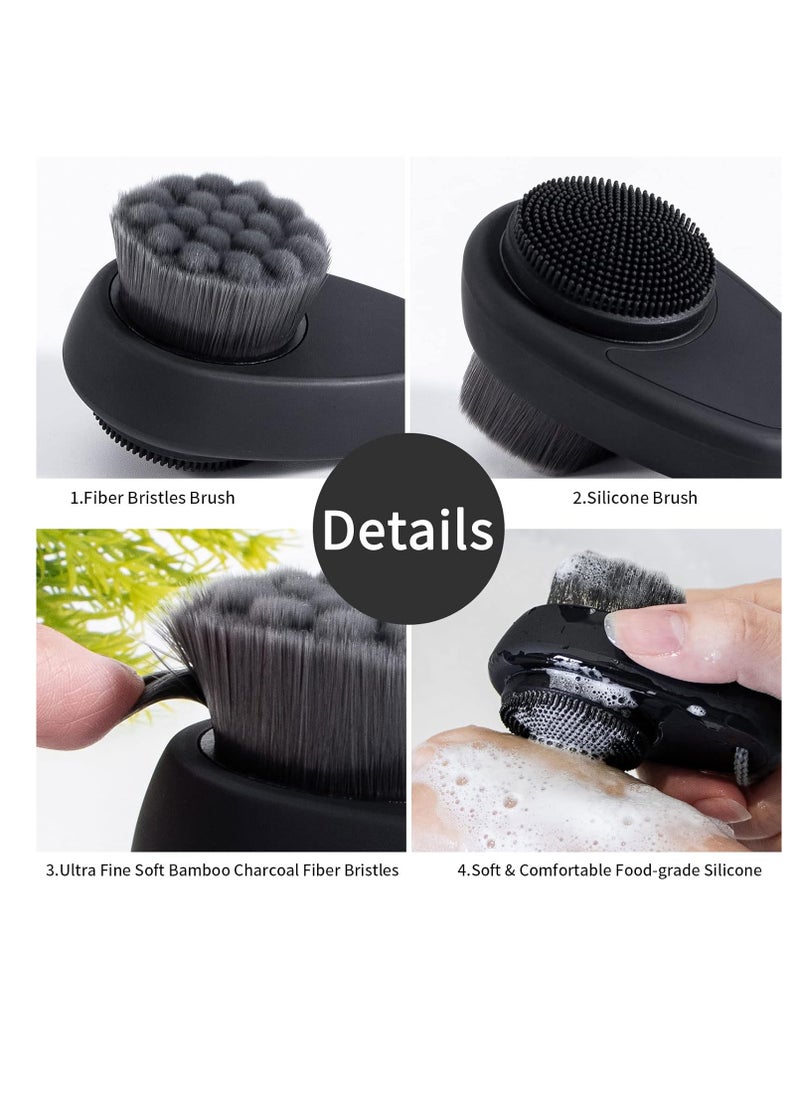 Beomeen Facial Cleansing Brush 2 Pack, 2 in 1 Silicone Face Scrubber for Men Exfoliating Pore Deep Cleansing, Dual Sided Face Wash Brush with Soft Bamboo Charcoal Microfiber and Lid for Women, Black  - Image 2