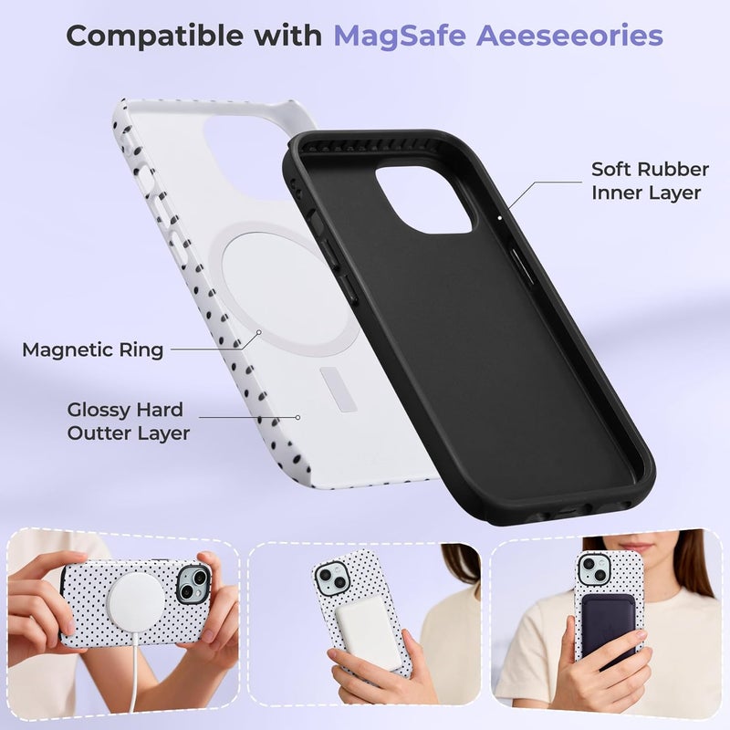 حافظة مغناطيسية من لهواتف iPhone 13/14، بتصميم نقاط متناثرة جميل، مناسبة للفتيات والنساء، تتوافق مع خاصية Magsafe، غطاء واقي صلب من البلاستيك الخالي من الرصاص (PC) مع طبقة ناعمة من TPU، لهواتف iPhone 13/14 – اللون الأبيض. - Image 3
