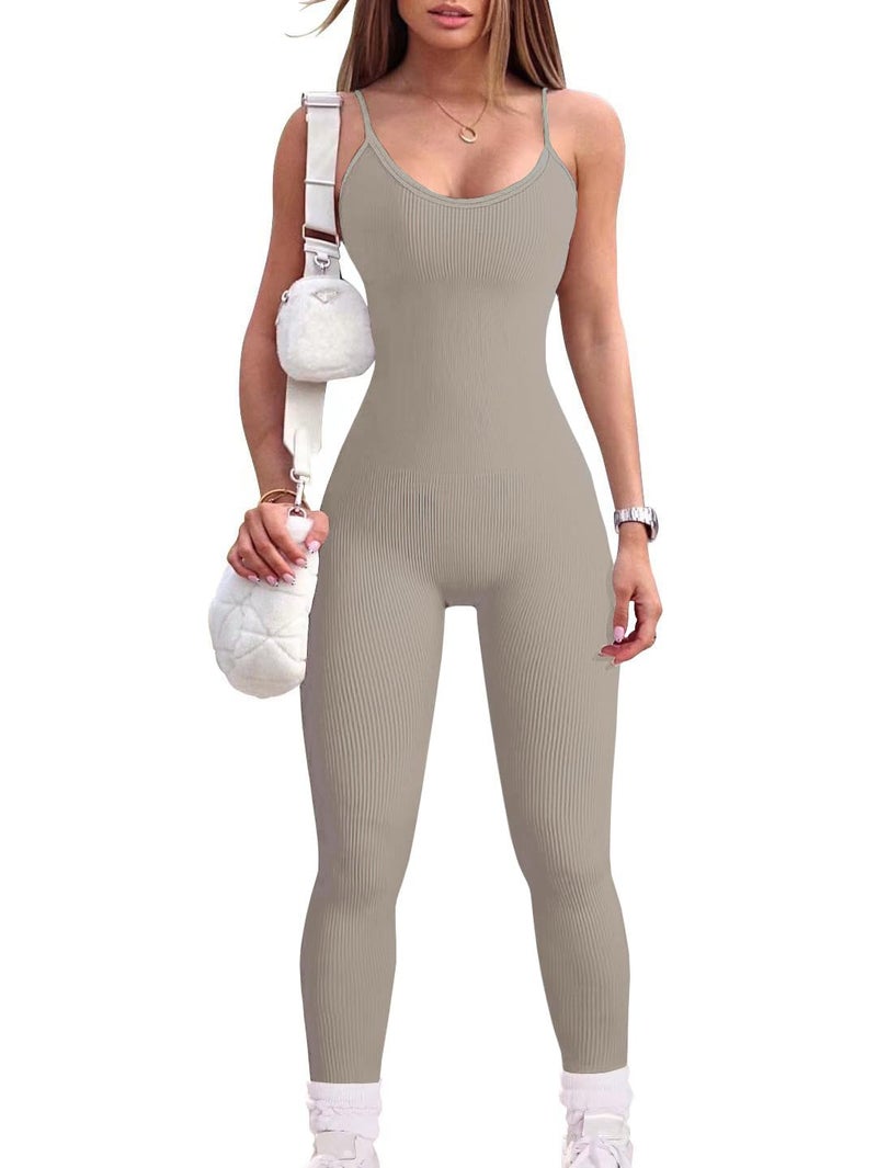 YIOIOIO Women Workout Seamless Jumpsuit Yoga Ribbed Bodycon One Piece Spaghetti Strap Leggings Romper - Image 1