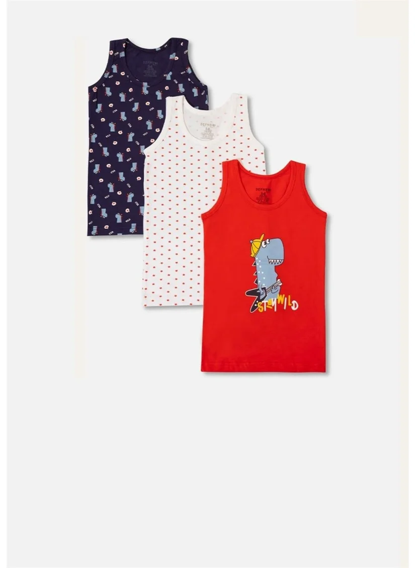 ديفنه Guitarist Dinosaur Pattern Printed Colorful 3-Piece Set Combed Cotton Elastane Boy's Undershirt