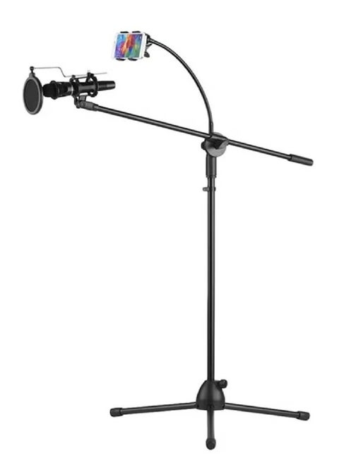 Height Angle Adjustable Floor Standing Tripod Stand With Mic Clip And Phone Holder Black