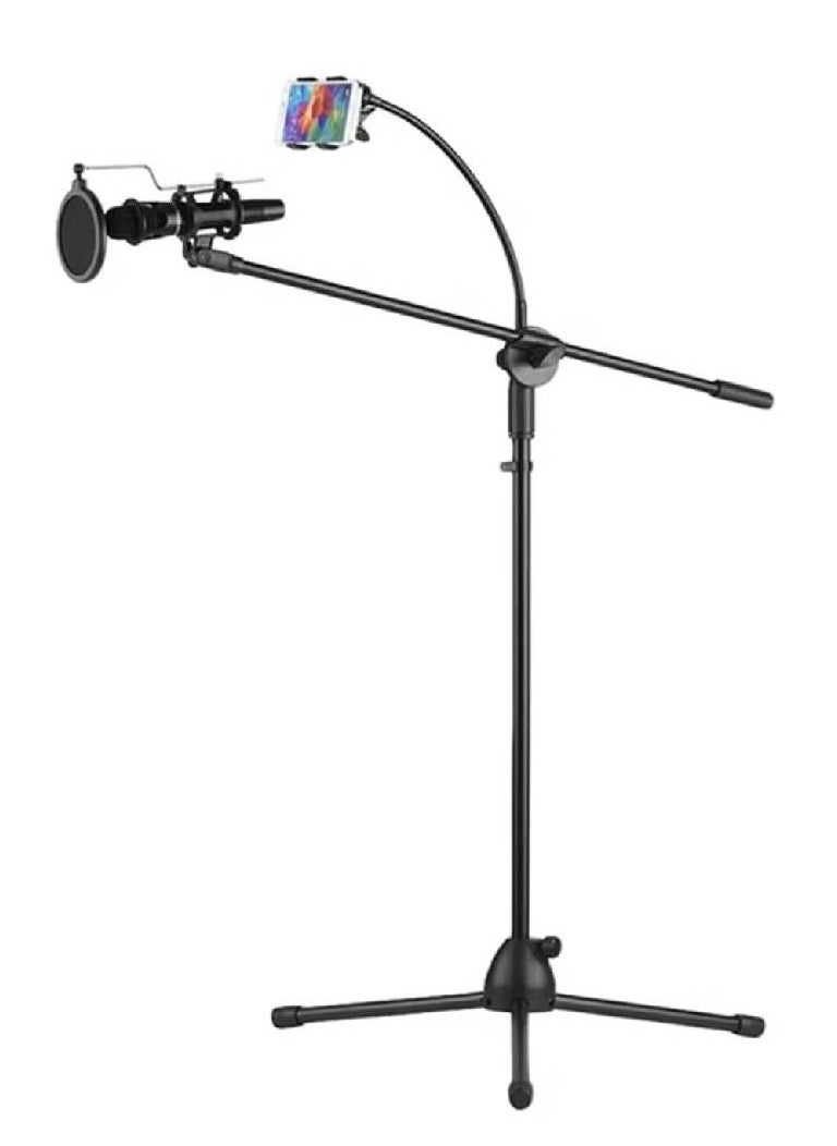 Height Angle Adjustable Floor Standing Tripod Stand With Mic Clip And Phone Holder Black