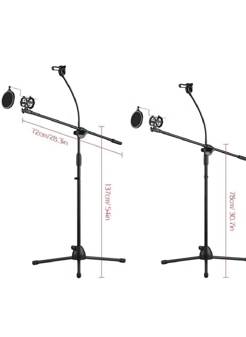 Height Angle Adjustable Floor Standing Tripod Stand With Mic Clip And Phone Holder Black