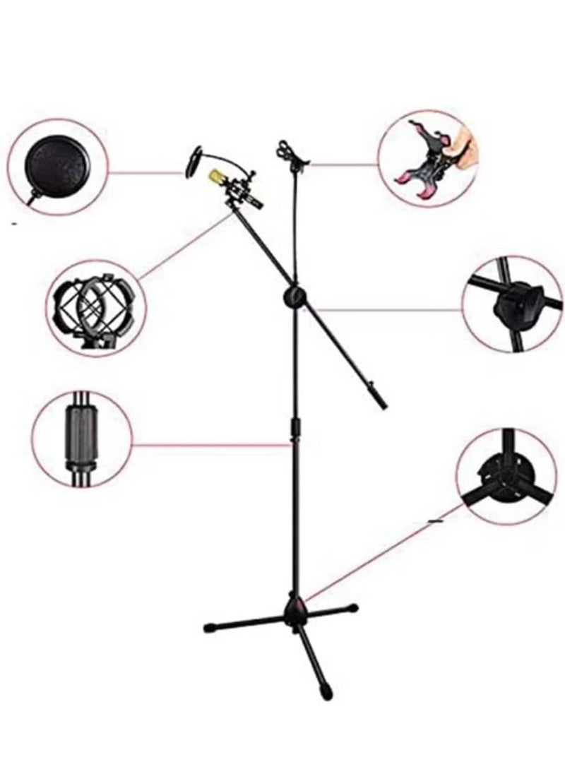 Height Angle Adjustable Floor Standing Tripod Stand With Mic Clip And Phone Holder Black