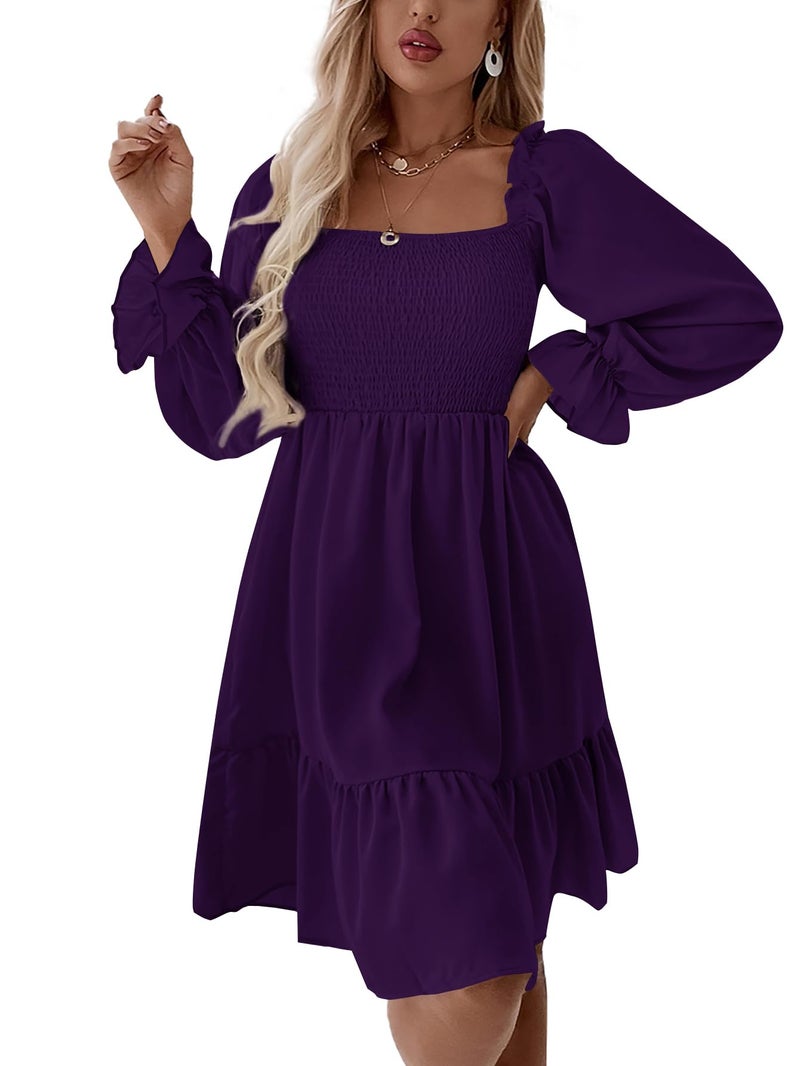 LYANER Women's Long Puff Sleeve Square Neck Shirred Ruffle Swing Midi Dress Solid Dark Purple Small - Image 5